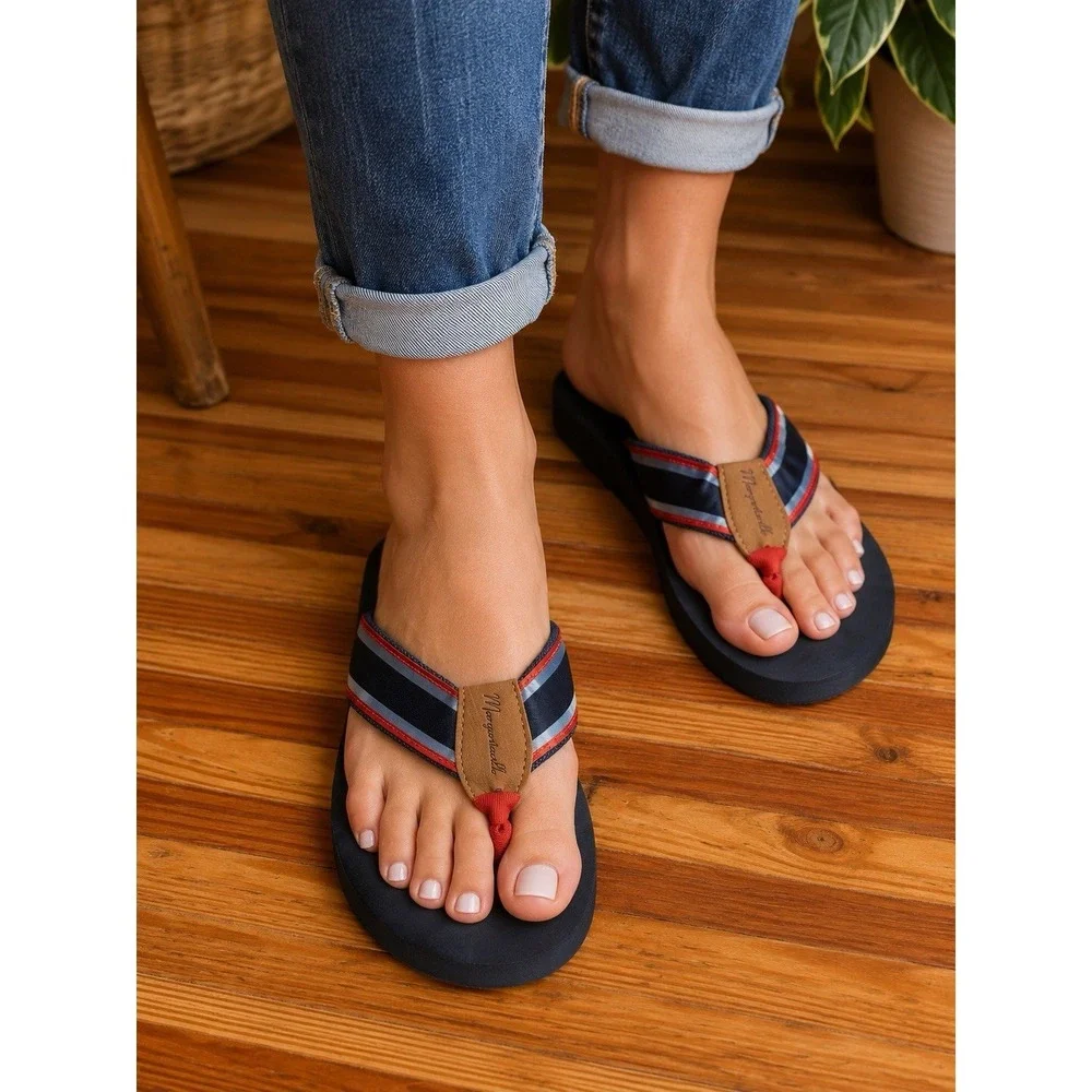 Margaritaville Breezy Wedge Thong Sandals Flip Flops Women's 6 Blue Tan Red